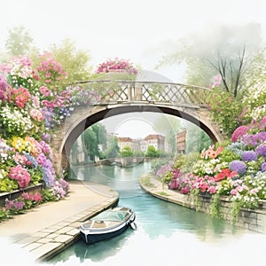 Watercolor illustration beautiful sweet canal bridge with beautiful flowers, colorful flower gardens