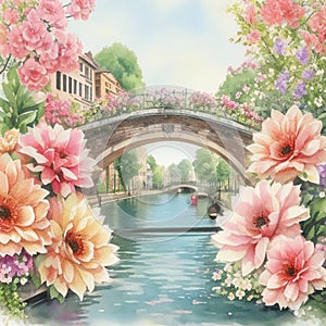 Watercolor illustration beautiful sweet canal bridges with beautiful flowers, colorful flower gardens