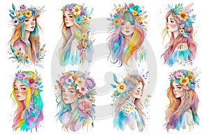 Watercolor illustration of beautiful young woman portrait with flower wreath. Fashion woman. Cute girl with flowers