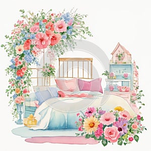 Watercolor illustration bedroom with flowers shelf