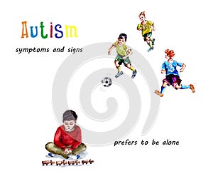 Watercolor illustration of the behavior of children with autism. preference to remain alone, illogical behavior.World autism