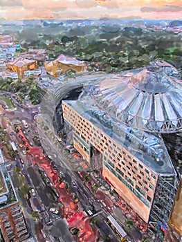 Watercolor illustration Berlin Potsdamer place with Potsdamer Platz place. Aerial view