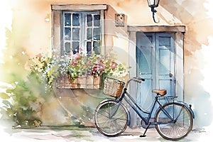 watercolor illustration of a bicycle with a basket of drains near the door to the house and the window with flowers