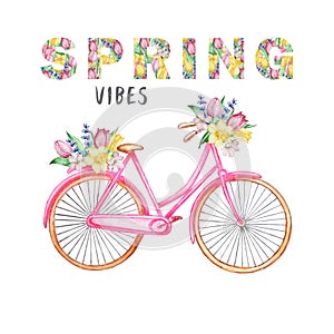 Watercolor illustration of bicycle and floral letters Spring vibes