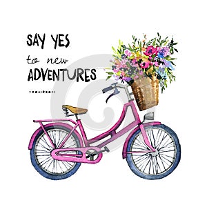 Watercolor illustration of a bicycle with flowers