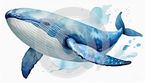 Watercolor illustration of big blue whale isolated on white background. Marine mammal