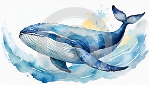 Watercolor illustration of big blue whale isolated on white background. Marine mammal