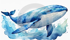 Watercolor illustration of big blue whale isolated on white background. Marine mammal