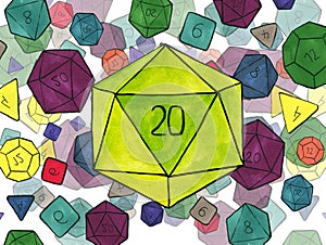 Watercolor illustration: Big D20 dice and smaller polygonal dices for board games, rpg and tabletop games scattered