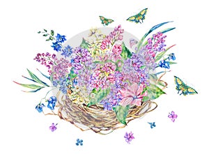 Watercolor illustration of bird`s nest and flowers