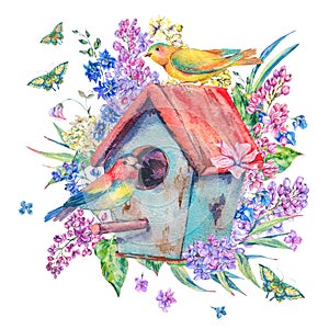 Watercolor illustration with birdhouse and birds