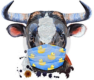 Watercolor illustration of black bull with white spot in protective mask