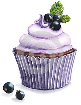 Watercolor Illustration of black currant cupcake