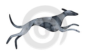 Watercolor illustration of black running dog silhouette with artistic brushstrokes.