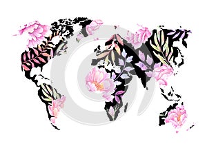 Watercolor illustration. Black World map with colorful flowers a