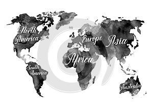 Watercolor illustration. Black World map with the names of the c
