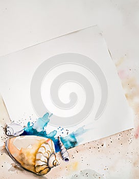 Watercolor illustration of a blank paper on white beach sand with conchs shells background. Copy space of text