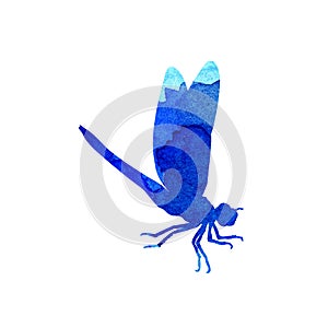 Watercolor illustration of a blue abstract dragonfly with paint streaks