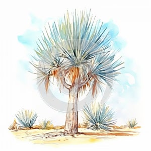 Watercolor Illustration Of Blue Agave Plant In Desert Landscape