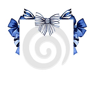 Watercolor illustration with blue bows. Square template with ribbons.Images are hand-drawn and isolated on white