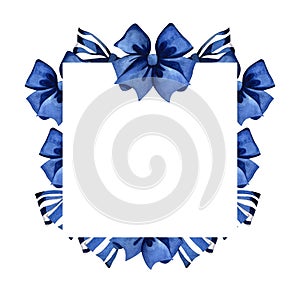 Watercolor illustration with blue bows. Square template with ribbons. Images are hand-drawn and isolated on white