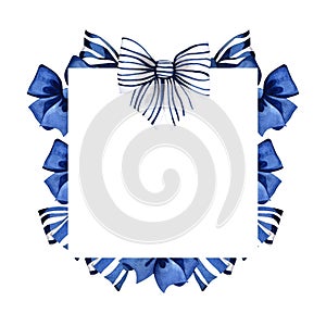 Watercolor illustration with blue bows. Square template with ribbons. Images are hand-drawn and isolated on white