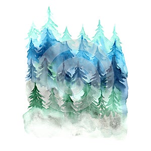 Watercolor illustration with blue and green forest