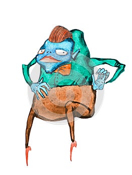 Watercolor illustration of blue humpbacked cartoon monster wearing smart clothes shirt, bow tie and trousers