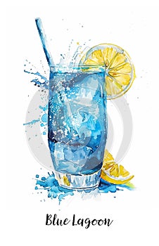 Watercolor illustration of a Blue Lagoon cocktail garnished with a lemon slice