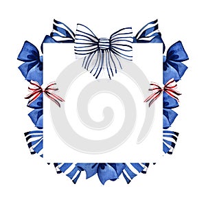 Watercolor illustration with blue and red bows. Square template with ribbons. Images are hand-drawn and isolated on