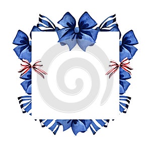 Watercolor illustration with blue and red bows. Square template with ribbons. Images are hand-drawn and isolated on