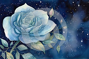 a watercolor illustration of a blue rose with a dreamy and ethereal effect