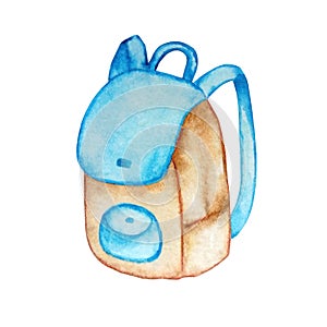 Watercolor illustration of blue school backpack