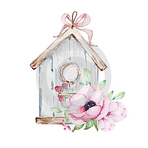 Watercolor illustration of a blue wooden bird house with a bouquet