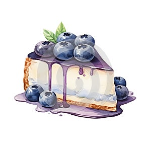 Watercolor illustration of blueberry cheesecake isolated on white background