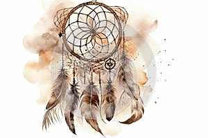 Watercolor Illustration Of Boho-Style Dreamcatcher With Feathers