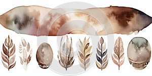 Watercolor Illustration In Boho Style Set Of Different Feathers And Patterned Background