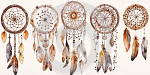 Watercolor Illustration In Boho Style Set Of Dream Catchers