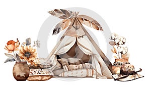 Watercolor Illustration Of Boho Style Wigwam And Decor