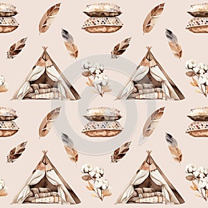 Watercolor Illustration In Boho Style With Wigwams And Decor, Seamless Pattern