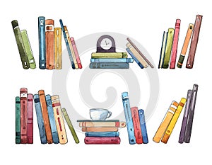 Watercolor illustration of books, piles of books interior element