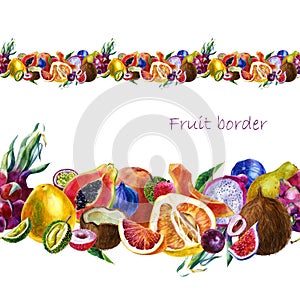 Watercolor illustration. A border of fruits. Tropical fruits in a strip. Papaya, grapefruit, coconut, pitahaya, figs, passion