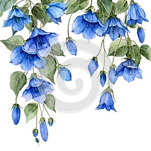 watercolor illustration border of hanging plant campanula on white background