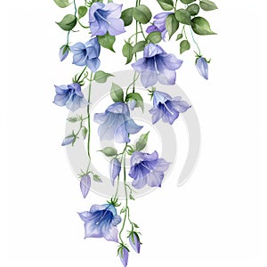 watercolor illustration border of hanging plant campanula on white background