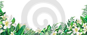 Watercolor illustration of a border with tropical leaves, plumeria flowers. Beach, wedding, summer, exotic. For menus