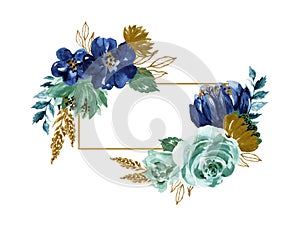 Watercolor illustration Botanical black and gold rose royal indigo navy blue leaves collection Set of wild and garden and abstract