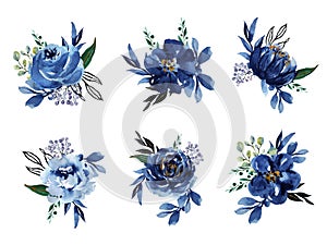 Watercolor illustration Botanical rose peony bunch foliage ranunculus wild flower  leaves collection blossom navy indigo abstract