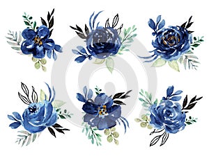 Watercolor illustration Botanical rose peony bunch foliage ranunculus wild flower  leaves collection blossom navy indigo abstract