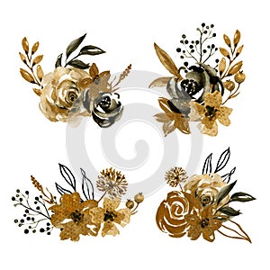 Watercolor illustration Botanical rose peony ranunculus wild flower  leaves collection blossom gold and black  abstract leaves