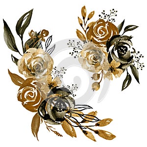 Watercolor illustration Botanical rose peony ranunculus wild flower  leaves collection blossom gold and black  abstract leaves